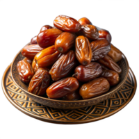 Shiny dates in a decorative golden bowl isolated on transparent png