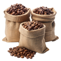 Three burlap sacks filled with fresh roasted coffee beans png