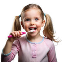 Happy young girl brushing teeth with a bright pink toothbrush png