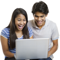 Teenage friends laughing while using a laptop together png