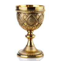 Elegant golden goblet with ornate carved details on pedestal png