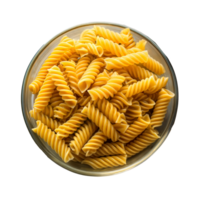 Glass bowl filled with raw fusilli pasta on a clear background png