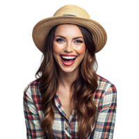 en riant Jeune femme dans chapeau et plaid chemise sur clair Contexte png