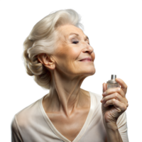 Elegant elderly woman enjoying perfume with a blissful smile png