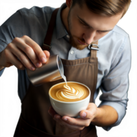 Skilled barista pours milk to create a perfect latte art png