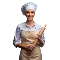 Professional female chef smiling with rolling pin in hand png