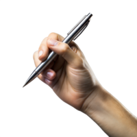 Close-up of a hand holding a silver pen on transparent background png