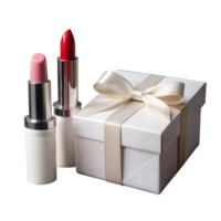 Elegant lipstick duo beside a gift box with satin ribbon png