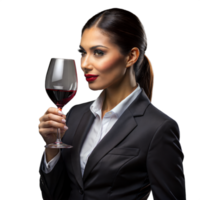 elegant vrouw in bedrijf kleding Holding een glas van wijn png