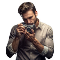 Photographer focusing with vintage camera on isolated background png