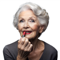 Elegant senior woman applying red lipstick with a smile png