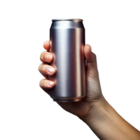 Human hand holding a metal beverage can on a transparent background png