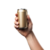 Hand holding a blank gold soda can on a clear backdrop png