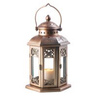 Elegant bronze lantern with lit candle on transparent background png