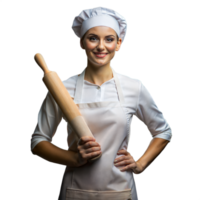 Smiling female chef with rolling pin on isolated background png