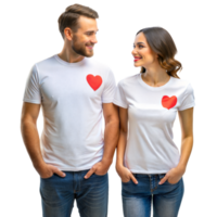 Young couple in love wearing matching heart t-shirts png