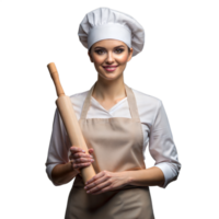 Professional female chef holding a rolling pin confidently png
