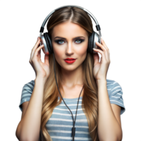 bellissimo donna godendo musica con elegante cuffie png