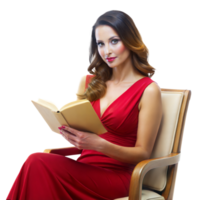 Elegant woman in red dress reading a book on chair png