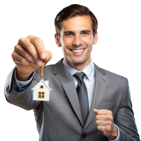 Smiling real estate agent holding a house shaped keychain png