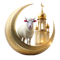 Golden crescent moon with mosque and sheep for Islamic celebration png
