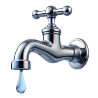 Chrome water faucet with a single drop falling png