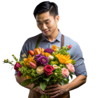 Florist holding a vibrant bouquet of fresh flowers png