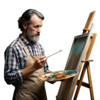 mayor masculino artista pintura atentamente en un caballete en estudio png