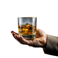 Hand presenting a glass of whiskey with ice on a clear backdrop png
