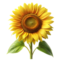 Bright yellow sunflower with lush green leaves on a stem png