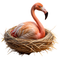 Graceful flamingo sitting in a straw nest on a clear background png