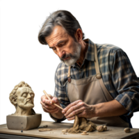 Senior sculptor meticulously detailing a classical clay bust png