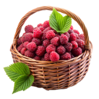 Fresh raspberries in a wicker basket with green leaves png