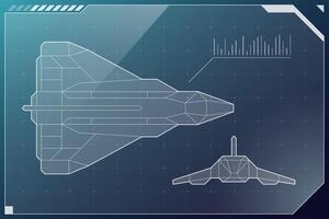 HUD futuristic starship scheme. Spacecraft cockpit radar dashboard control panel. Spaceship wireframe FUI head up display. Command center UI screen. GUI Sci Fi hi tech digital aircraft shuttle frame vector