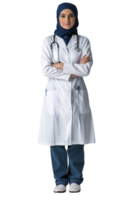 portrait of 25 years old arabian hijab female doctor with uniform and stethoscope. png