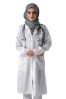 retrato do 25 anos velho árabe hijab fêmea médico com uniforme e estetoscópio. png