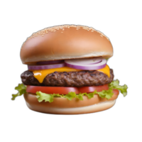 sappig heerlijk hamburger met specerijen en groenten. smakelijk hamburger Aan transparant achtergrond png