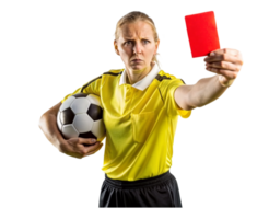 mujer árbitro con pelota levanta rojo tarjeta png