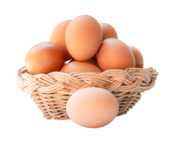 Front view of fresh brown chicken eggs in stack in wicker basket isolated with clipping path in file format png