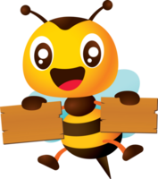 tekenfilm schattig honing bij Holding leeg houten uithangbord illustratie png