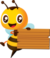 Cartoon cute honey bee hand pointing to empty wooden signboard. png