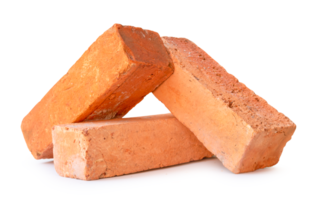 Front view of red or orange bricks in stack isolated with clipping path and shadow in file format png