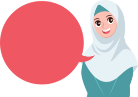 Smiling hijab muslim female speaking with empty speech balloon png
