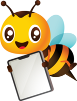 dessin animé mignonne content mon chéri abeille en portant un vide tablette enseigne. mascotte personnage illustration png