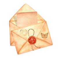 Monochrome vintage envelope with wax seal, a piece of paper and a butterfly. Paper for a letter. Vintage clipart. Hand-drawn watercolor illustration. png