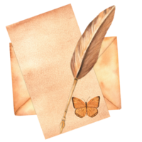 Vintage envelope with a piece of paper, a butterfly and a feather pen. Monochrome clipart. Hand-drawn watercolor illustration. png