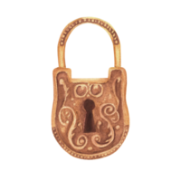 Hand-drawn watercolor illustration. Carved vintage padlock. An antique engraved lock. Isolated monochrome clipart png