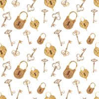 Seamless pattern in vintage style with padlocks and antique keys. Clipart in ochre color. Hand-drawn watercolor illustration. png