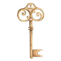 An antique key. Monochrome clip art. An old antiquarian key . Vintage key in ochre color. Hand-drawn watercolor illustration. png