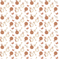 Seamless pattern in vintage style with keys, pocket watch and butterflies. Monochrome pattern in ochre color. Hand-drawn watercolor illustration. png